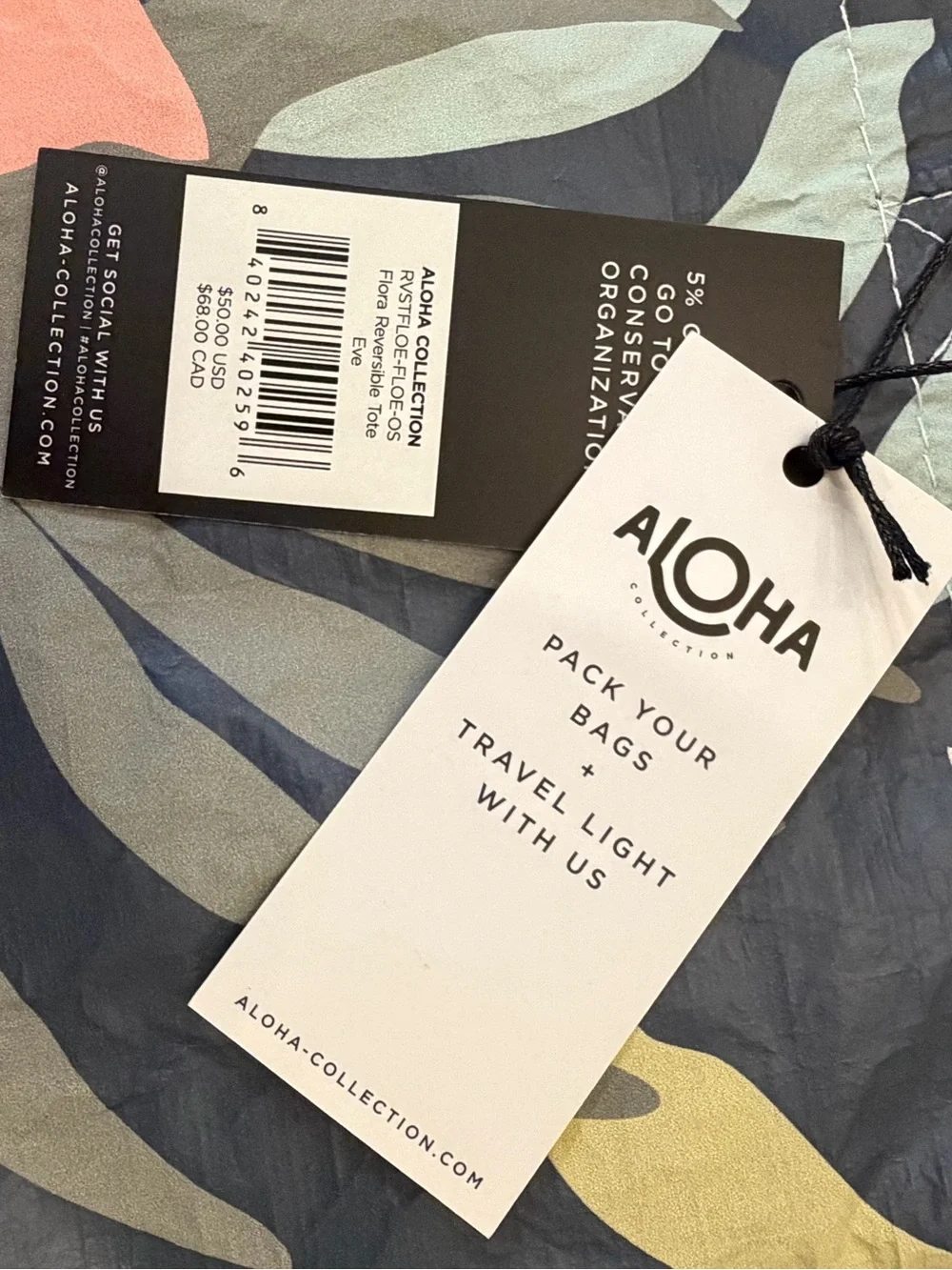 ALOHA Collection “Eve” Navy Floral Reversible Tote with Black Straps NWT